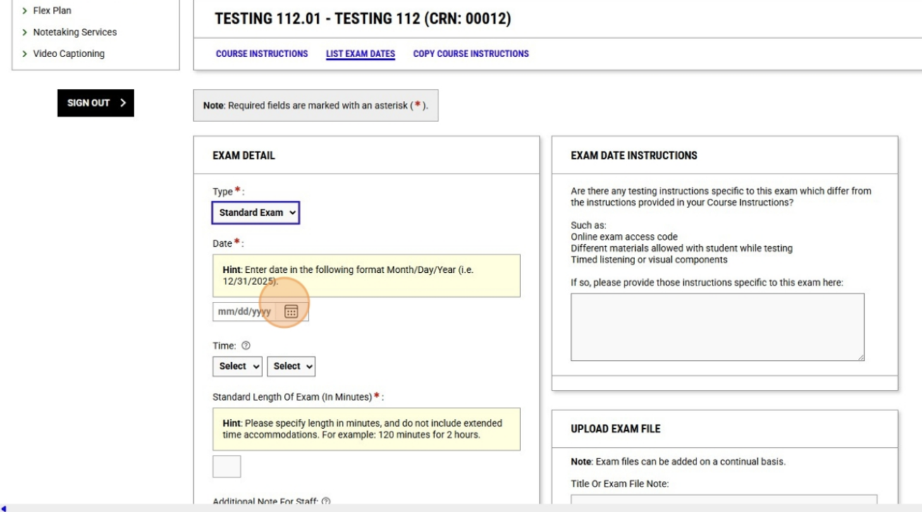 Select which kind of exam from the dropdown menu, set the date, time, and standard duration of the exam. Our system will calculate any additional time your student(s) may receive as part of their accommodations