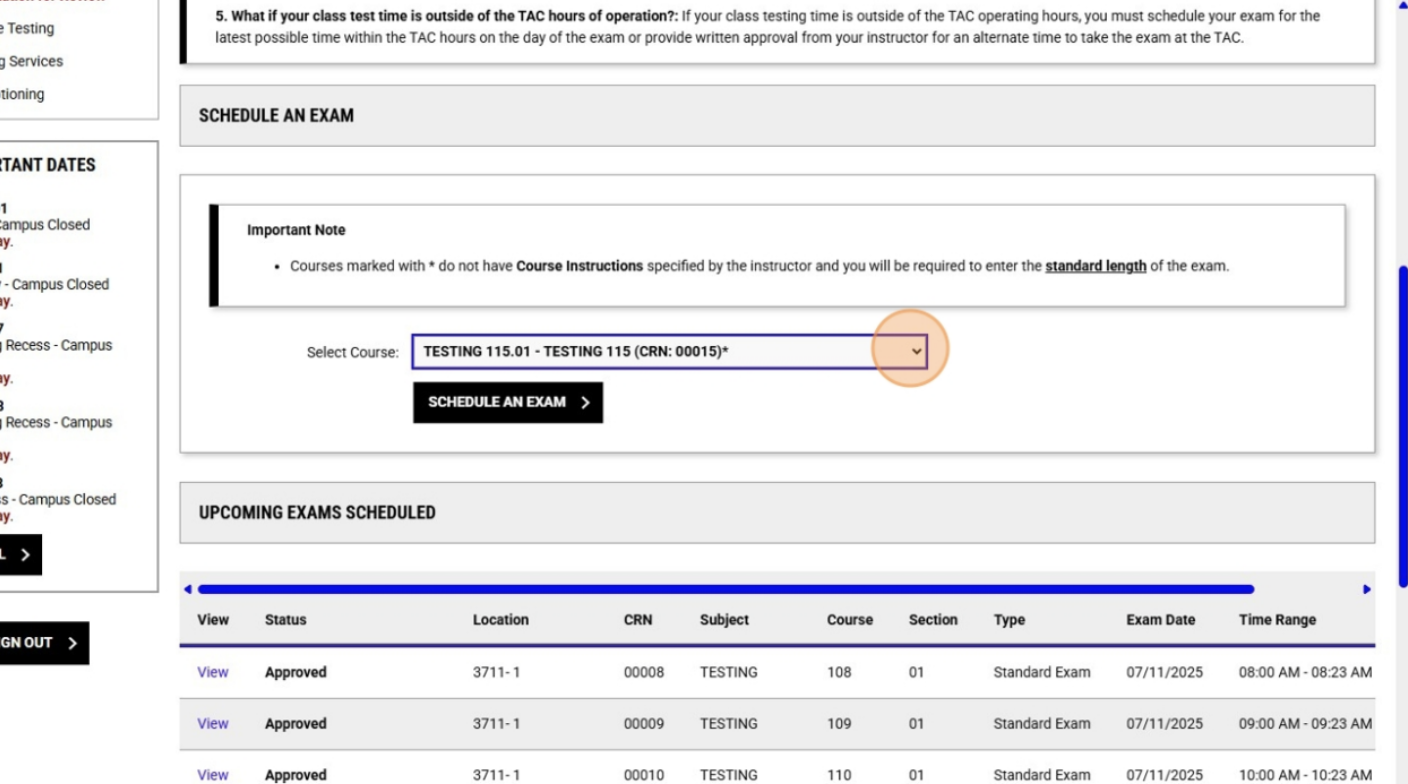 scheduling exam in a class without course instructions