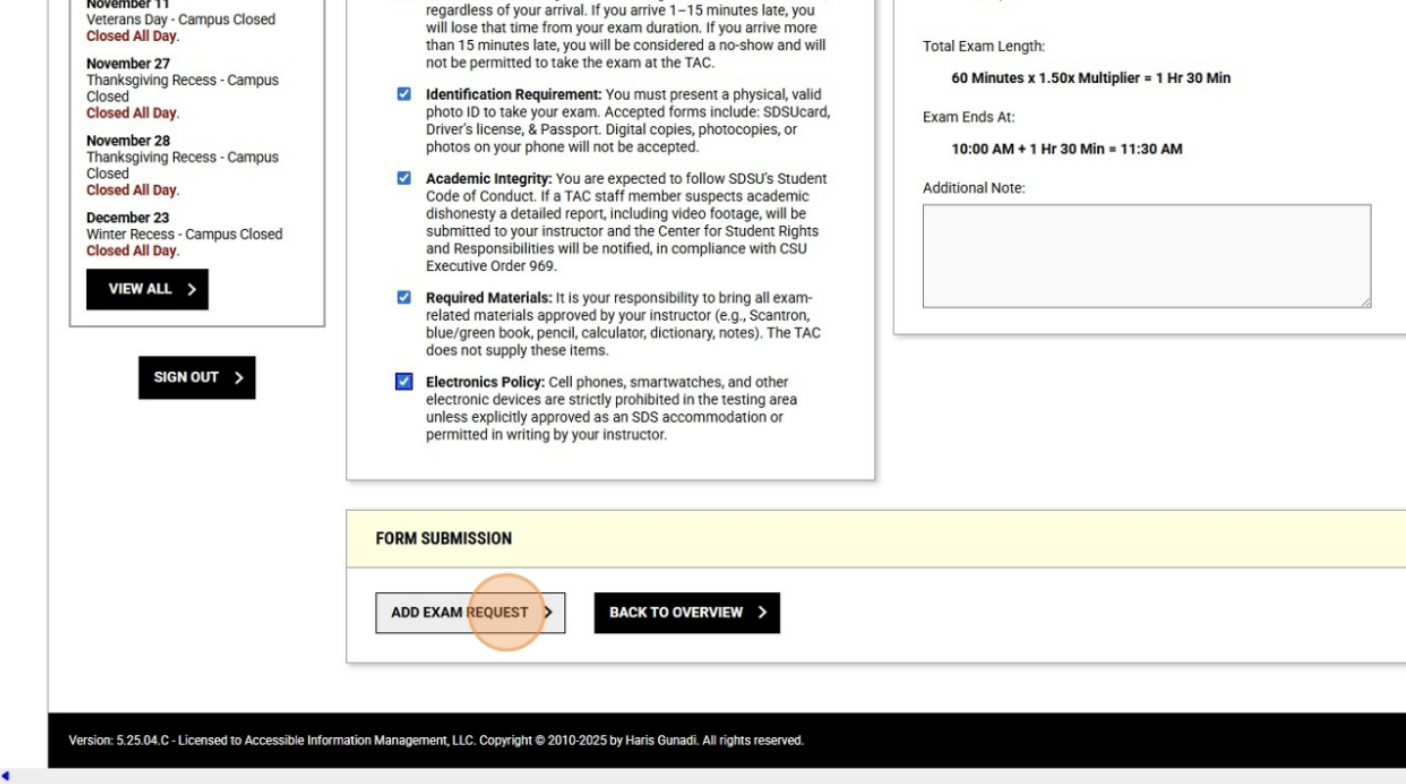 click add exam request