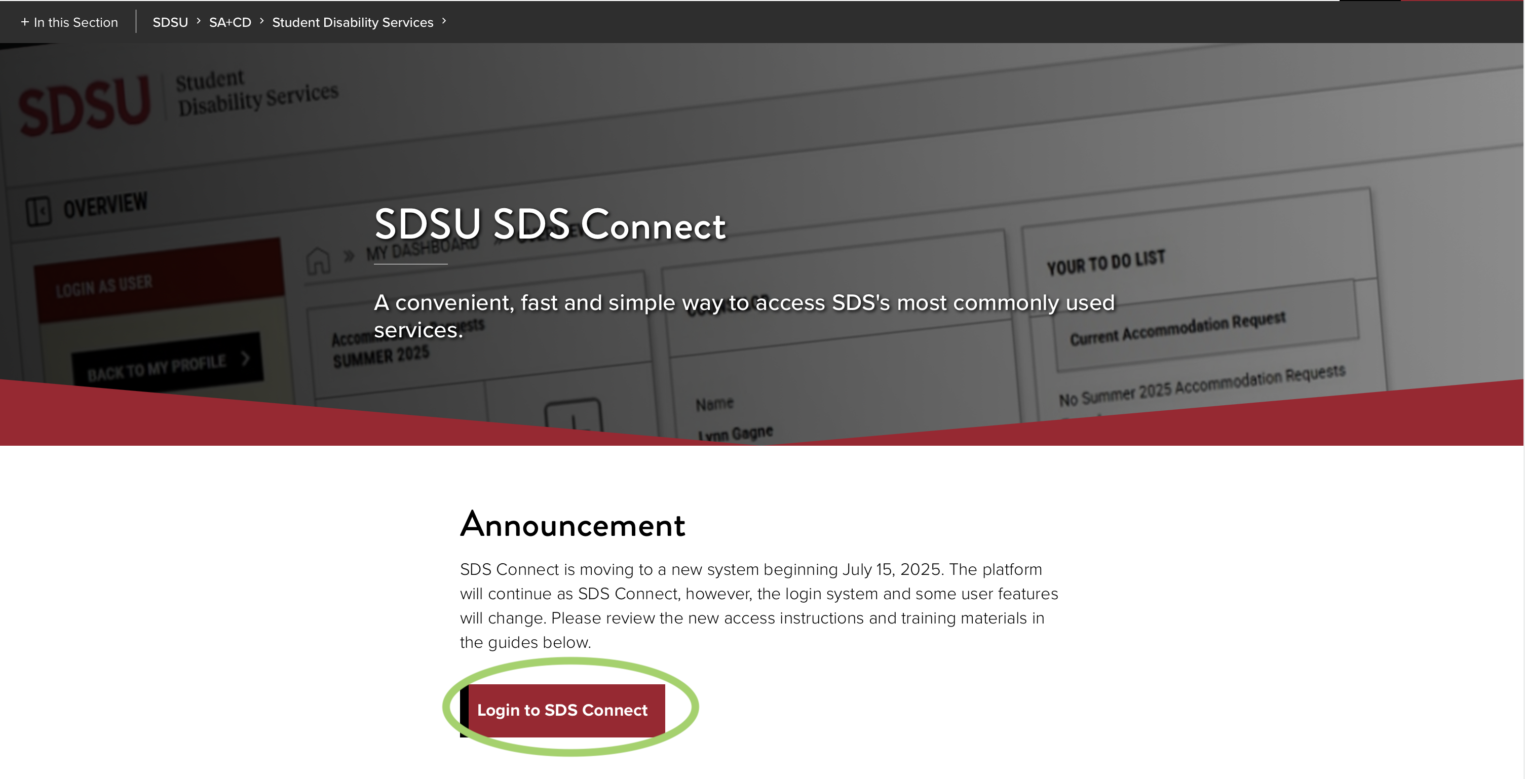 sds connect homepage screenshot