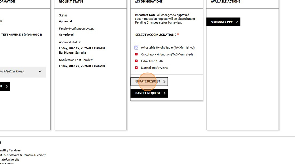 screen shot of update request button circled in the accommodations box